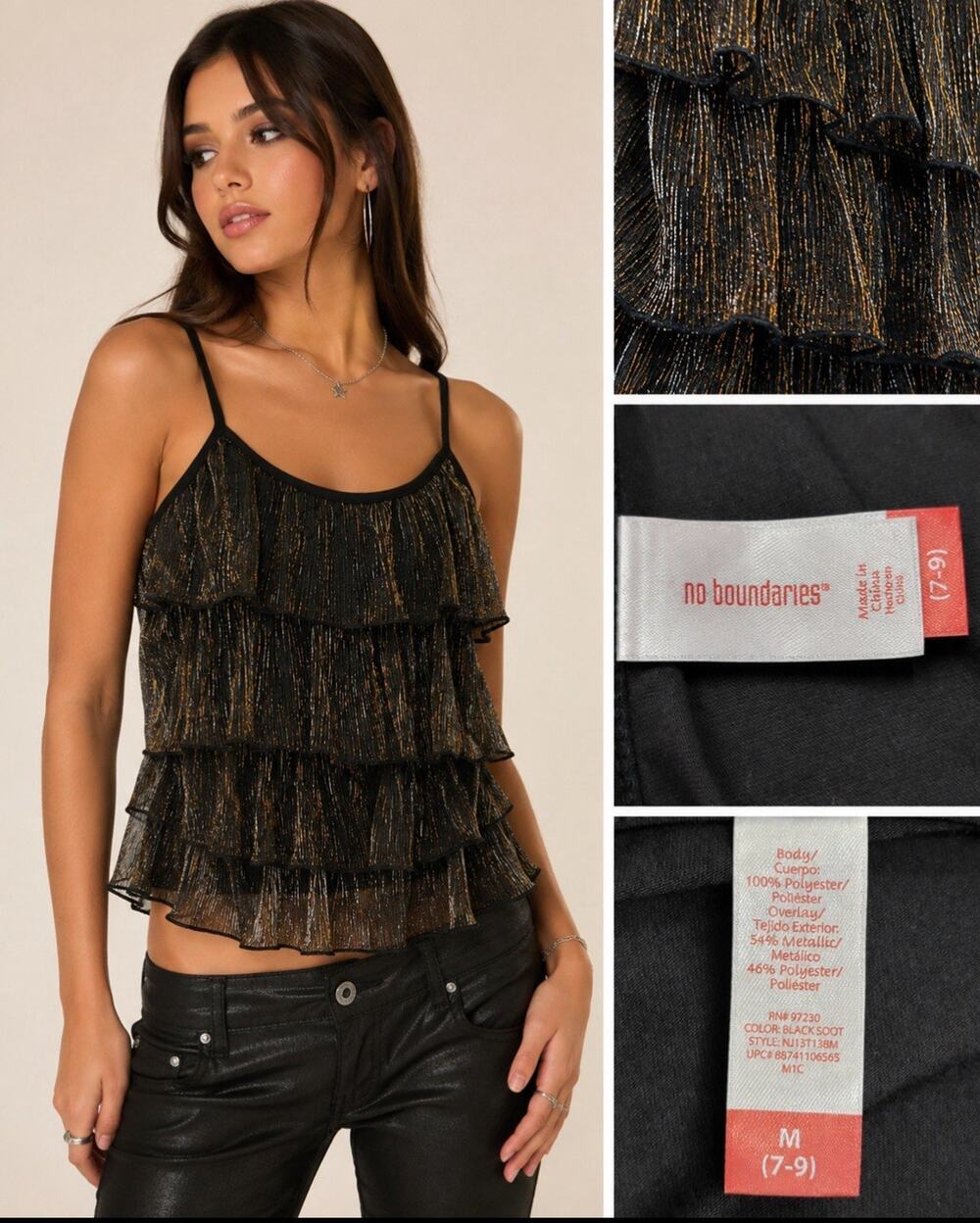 Y2K Indie Sleaze 00s No Boundaries Tiered Ruffle Cami Size M Black Gold Metallic